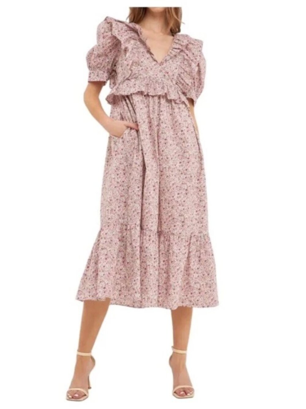 English Factory - Cotton Floral Ruffled Midi Dress, Size L (NWT)